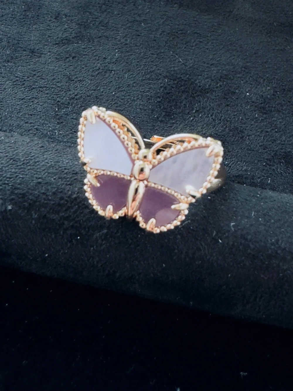 Rose Gold Butterfly Ring with Pink Mother of Pearl and Lavender Inlay